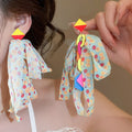 Colorful Fabric Bow Beaded Tassel Drop Earrings Sweet Vacation Style Summer Ear Jewelry view 3