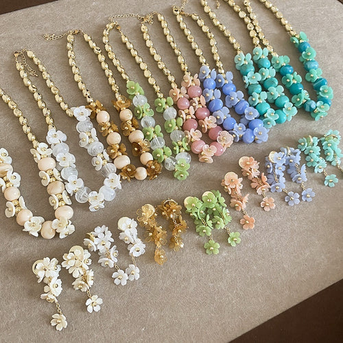 Acrylic Oval Bead Flower Necklace And Earrings Jewelry Set, Sweet Summer Vacation Style