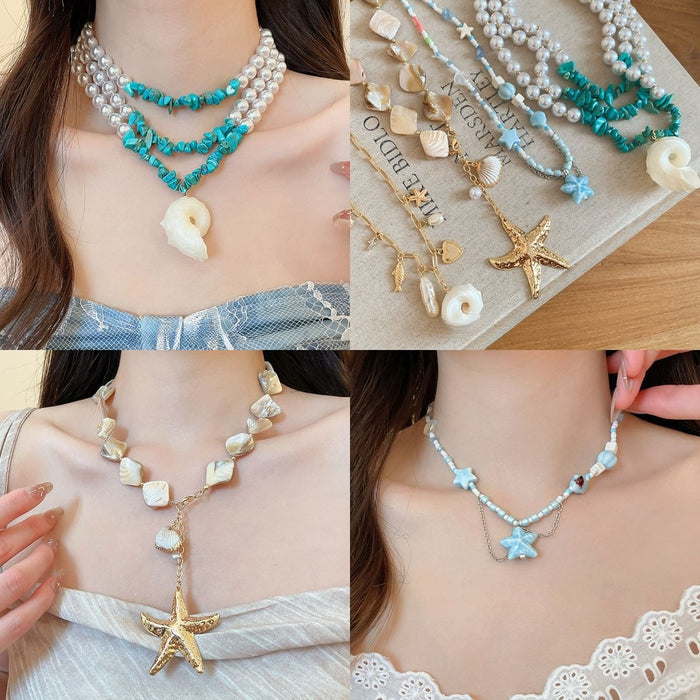 Vacation Style Ceramic Star Beaded Turquoise Pearl Heart Choker Necklace Vintage Statement Jewelry