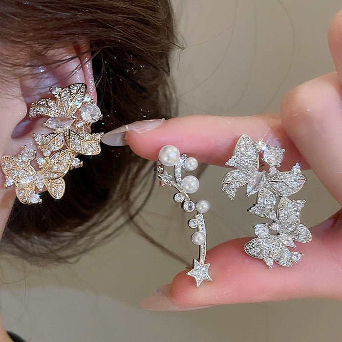 18K Gold Plated Copper Zircon Butterfly Clip-on Earrings, Elegant Face-Slimming Dangle Style