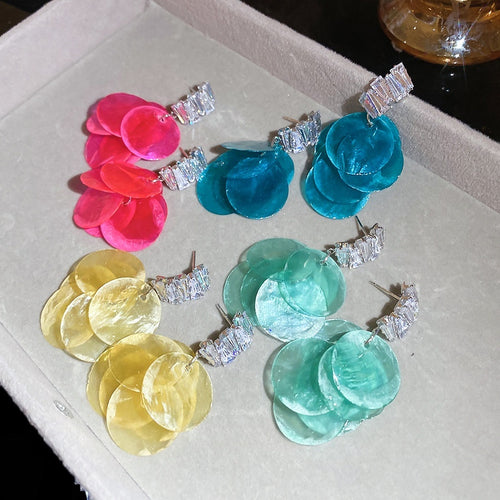 Summer Resort Green Shell Round Tassel Drop Earrings Fashion OL Beach Photo Jewelry