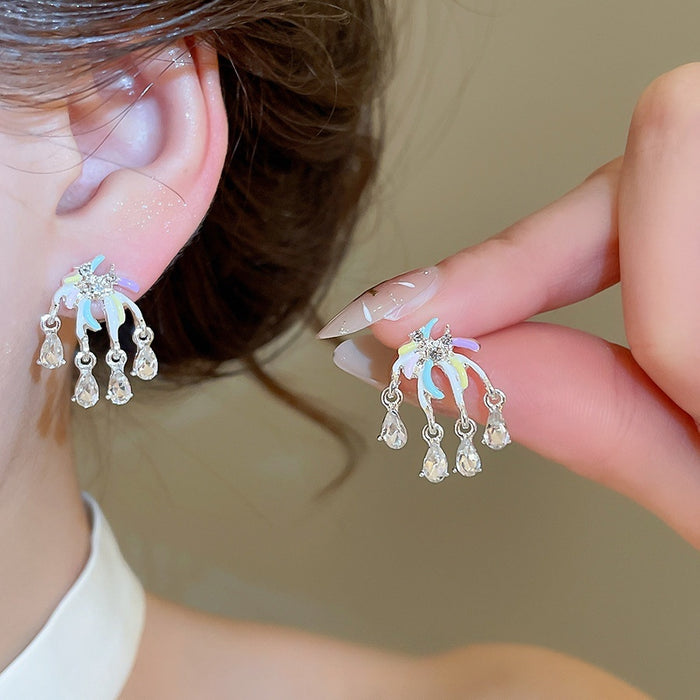 Alloy Enamel Flower Stud Earrings With Rhinestone Accents Light Luxury OL Style