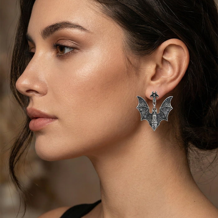 Vintage Gothic Black Bat Alloy Dangle Stud Earrings For Women Punk Statement Metal Tassel Earrings