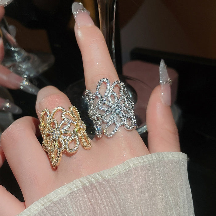 18K Gold Plated Zircon Hollow Flower Wide Open Ring For Women