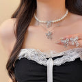Light Luxury Princess Bow Zircon Faux Pearl Earrings Necklace Jewelry Set view 2