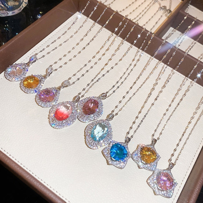 Light Luxury Copper Teardrop Zircon Necklace Elegant Provence Color Clavicle Chain for Women