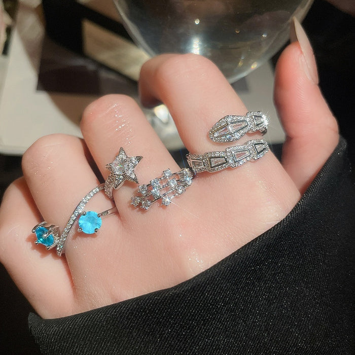 Korean Sweet Cool Copper Zircon Star Open Ring For Women Light Luxury Geometric Style