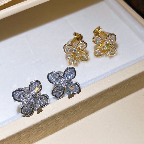 18K Gold Plated Silver Needle Zircon Flower Simulated Pearl Vintage Stud Earrings For Women