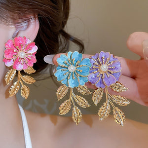 Iron Enamel Flower Leaf Pearl Drop Earrings For Beach Vacation Dopamine Style