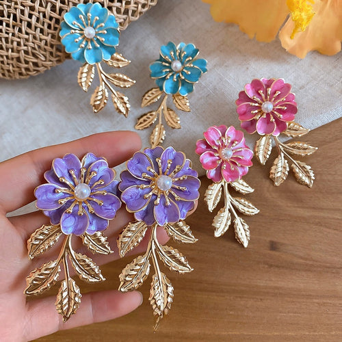 Iron Enamel Flower Leaf Pearl Drop Earrings For Beach Vacation Dopamine Style