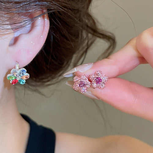 Korean Dopamine Rhinestone Flower Alloy Earrings, Light Luxury Sweet Floral Ear Cuffs For Women