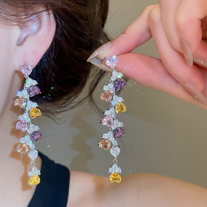 Light Luxury Copper Heart Zircon Tassel Drop Earrings With Silver Posts For Women