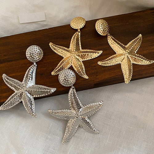 European Style Iron Metal Crinkled Starfish Stud Earrings For Women Trendy Statement Jewelry