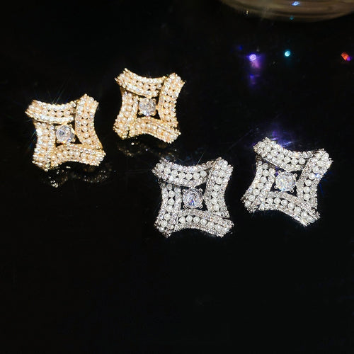 18K Gold Plated Silver Needle Zircon Diamond Faux Pearl Stud Earrings For Elegant French Daily Wear