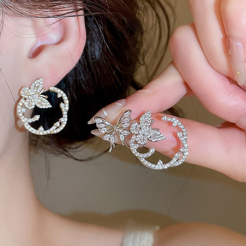 Korean Light Luxury Copper Zircon Butterfly Stud Earrings With Silver Pins