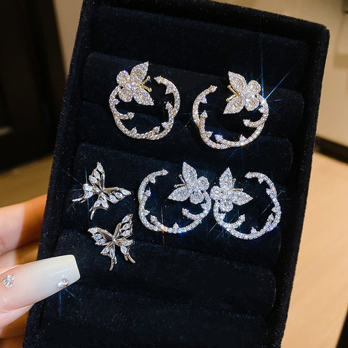 Korean Light Luxury Copper Zircon Butterfly Stud Earrings With Silver Pins