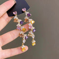 Long Alloy Rhinestone Flower Tassel Drop Earrings, Luxury Colorful Zircon Evening Jewelry view 3