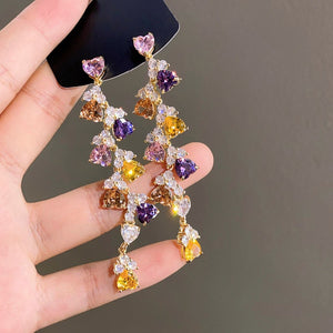 Long Alloy Rhinestone Flower Tassel Drop Earrings, Luxury Colorful Zircon Evening Jewelry