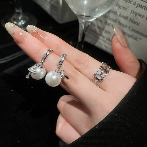 French Vintage Rhinestone Round Cross Faux Pearl Stud Earrings Ring Jewelry Set