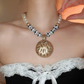 Old Money Vintage Alloy Ceramic Bead Pearl Necklace With Distressed Round Pendant view 3