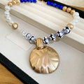 Old Money Vintage Alloy Ceramic Bead Pearl Necklace With Distressed Round Pendant view 2