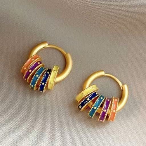 Vintage Chinese Style Colorful Enamel Copper Hoop Earrings Geometric Round Fashion OL Jewelry