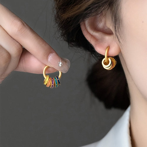 Vintage Chinese Style Colorful Enamel Copper Hoop Earrings Geometric Round Fashion OL Jewelry