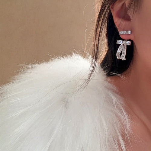 Korean Style Copper Bow Full Rhinestone Stud Earrings, Elegant Light Luxury Jewelry