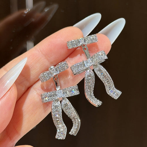 Korean Style Copper Bow Full Rhinestone Stud Earrings, Elegant Light Luxury Jewelry