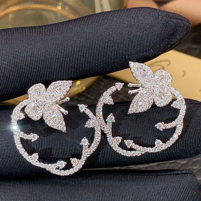Light Luxury Copper Zircon Butterfly Stud Earrings With Silver Pins Sweet Chic Jewelry