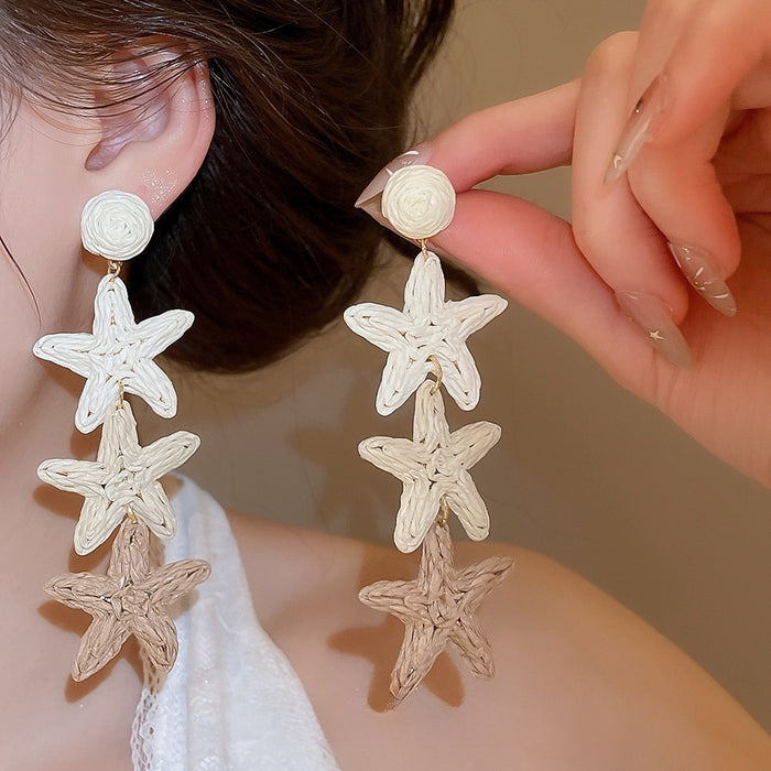 Boho Raffia Woven Starfish Fabric Flower Stud Earrings, Vacation Style Light Luxury Jewelry