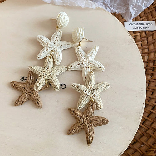 Boho Raffia Woven Starfish Fabric Flower Stud Earrings, Vacation Style Light Luxury Jewelry