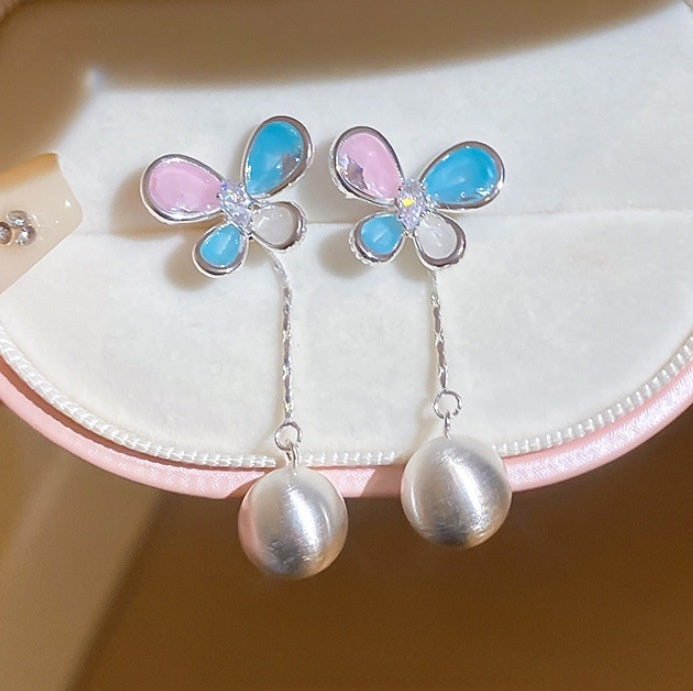 Sweet Butterfly Rhinestone Tassel Copper Drop Earrings For Spring Beach Vacation Style