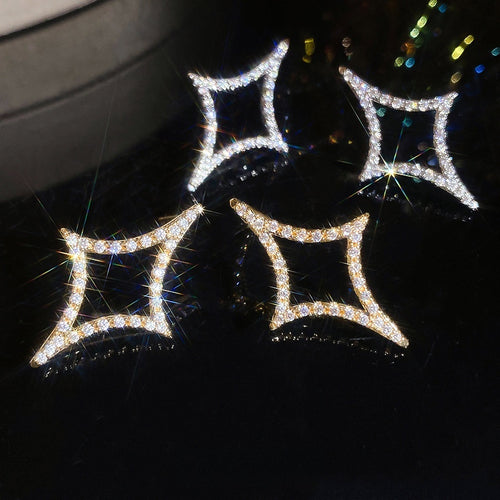 18K Gold Plated Copper Zirconia Rhombus Star Stud Earrings With Silver Posts For Women