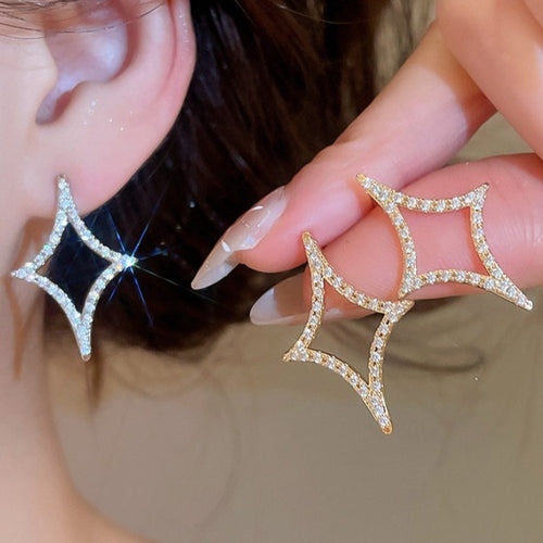 18K Gold Plated Copper Zirconia Rhombus Star Stud Earrings With Silver Posts For Women