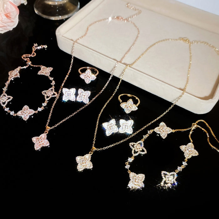18K Gold Plated Copper Zircon Clover Flower Earrings Bracelet Necklace Jewelry Set For Women