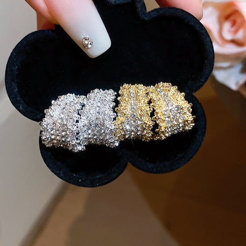 Gold Alloy Micro Pave Rhinestone Round Geometric Stud Earrings For Women Light Luxury Minimalist Jewelry