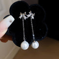 Light Luxury Bowknot Faux Pearl Zircon Stud Earrings, Elegant Sweet Silver Needle Ear Jewelry view 3