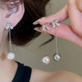Light Luxury Bowknot Faux Pearl Zircon Stud Earrings, Elegant Sweet Silver Needle Ear Jewelry view 2
