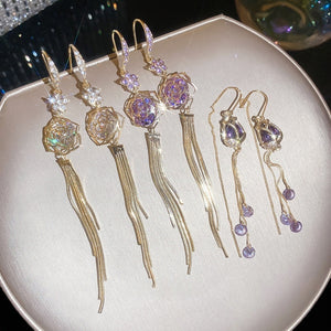 18K Gold Plated Copper Tulip Flower Rhinestone Threader Drop Earrings With Silver Posts