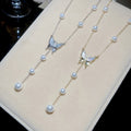 18K Gold Plated Faux Pearl Butterfly Bow Necklace, Rhinestone Old Money Choker view 1