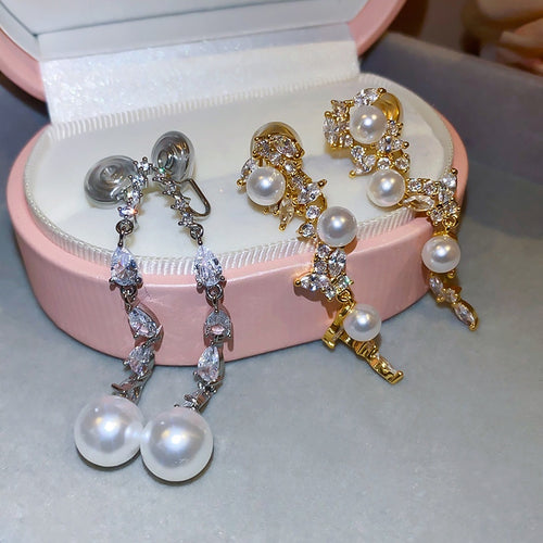 French Elegant Geometric Faux Pearl Tassel Zircon Clip-on Earrings For Women