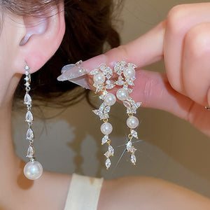 French Elegant Geometric Faux Pearl Tassel Zircon Clip-on Earrings For Women