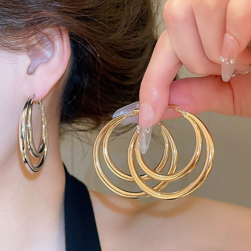 Minimalist Modern Alloy Multi Layer Round Hoop Earrings With Silver Posts Geometric Design