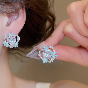 2026 New Light Luxury Copper Heart Stud Earrings With Flower Zircon And Enamel Sweet Design