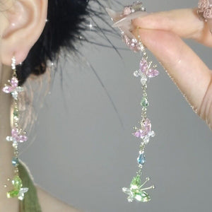 Light Luxury Copper Pink Cherry Blossom Zircon Butterfly Tassel Drop Earrings For Women