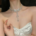 French Vintage Pearl Tassel Bow Choker Necklace With Rhinestone Accents For Elegant Evening Dresses view 3