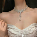 French Vintage Pearl Tassel Bow Choker Necklace With Rhinestone Accents For Elegant Evening Dresses view 2
