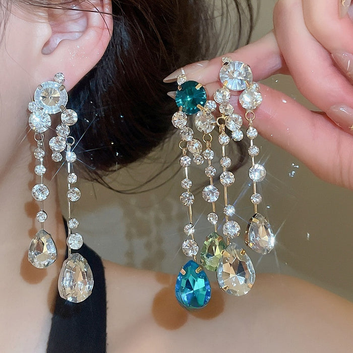 2026 New Alloy Rhinestone Teardrop Tassel Drop Earrings Light Luxury Palace Style Jewelry