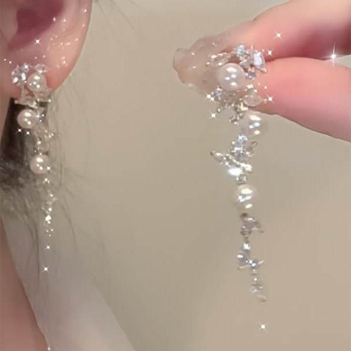 Light Luxury Butterfly Zircon Tassel Faux Pearl Clip-on Earrings For Elegant Geometric Style